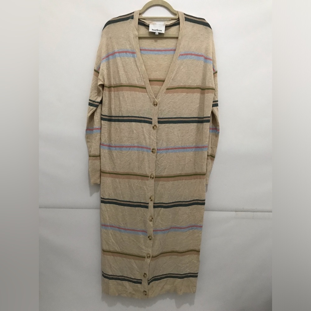 Hearthloom Long Beige Striped Button-Front Cardigan Sweater Size L